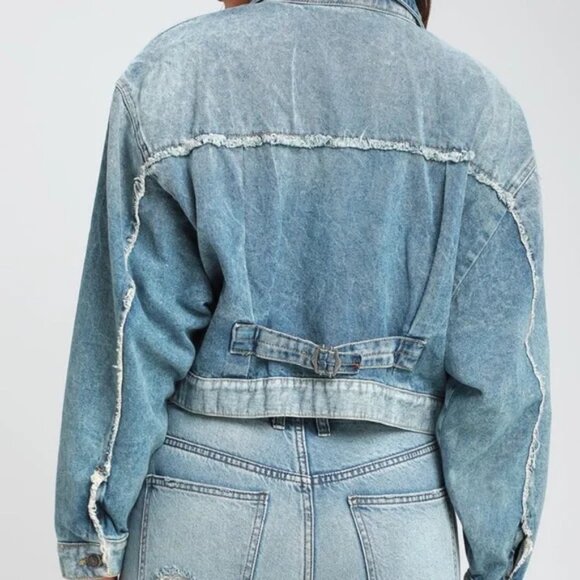 Free People Bedford Cropped Denim Jacket Distressed Medium Wash Cotton - Picture 9 of 16